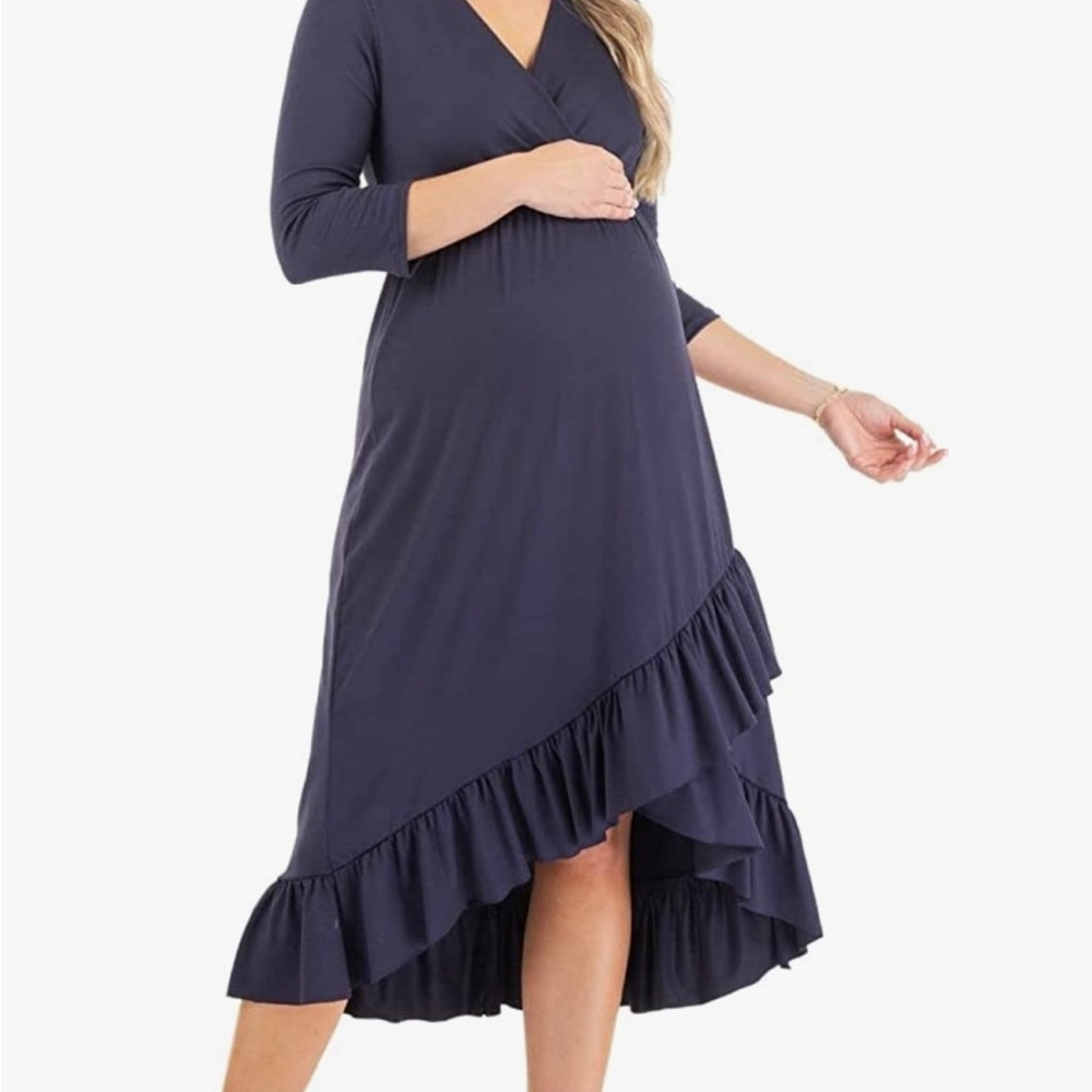 Mother Bee Maternity Short or 3/4 Sleeve Hi-Low Ruffle Faux Wrap Dress Size L
